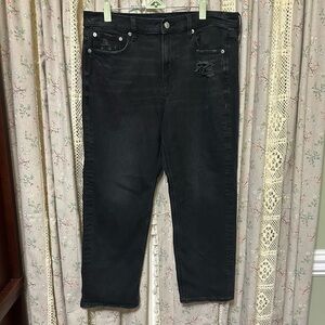 American Eagle Super High Rise Straight Leg Black Distressed Jeans Size 14